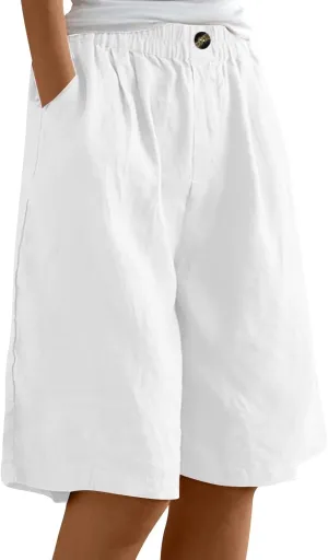 Womens Wide Leg Cotton Linen Shorts Comfy Bermuda Shorts Summer Casual Short Pants Loose Knee Length Shorts