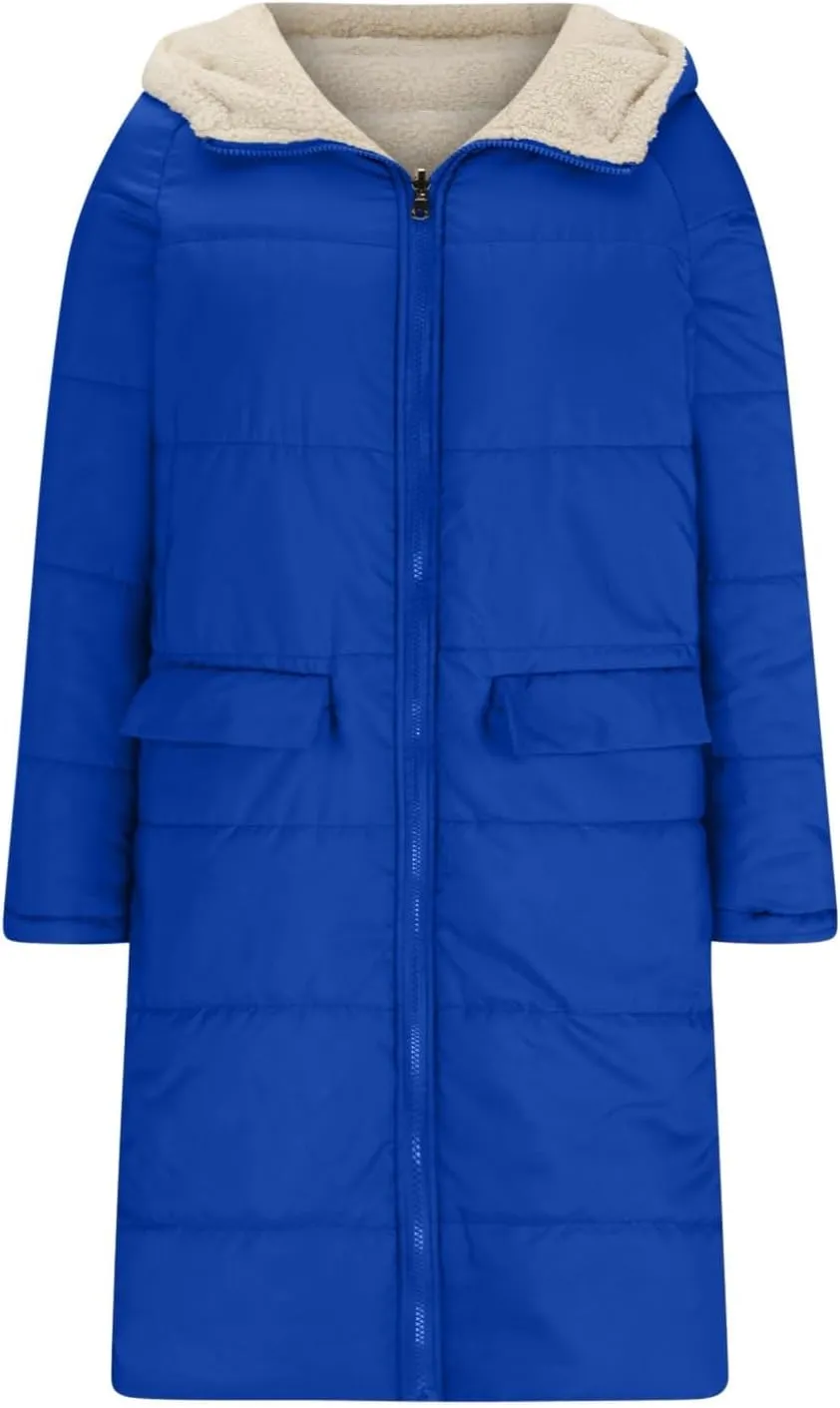 Womens Winter Coats Long Sherpa Fleece Lined Reversible Jacket Warm Faux Fur Coat Zip Up Quilted Outerwear with Hood