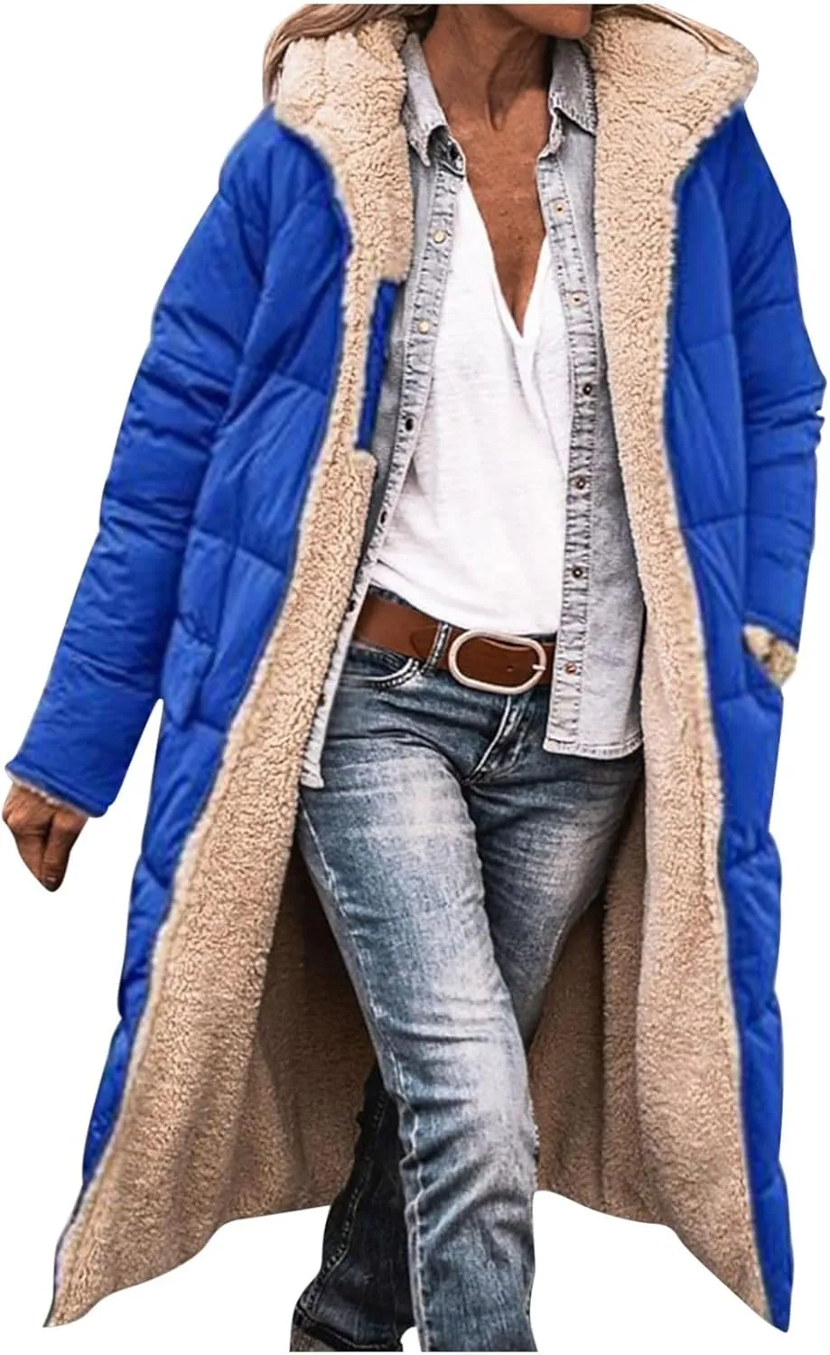 Womens Winter Coats Long Sherpa Fleece Lined Reversible Jacket Warm Faux Fur Coat Zip Up Quilted Outerwear with Hood