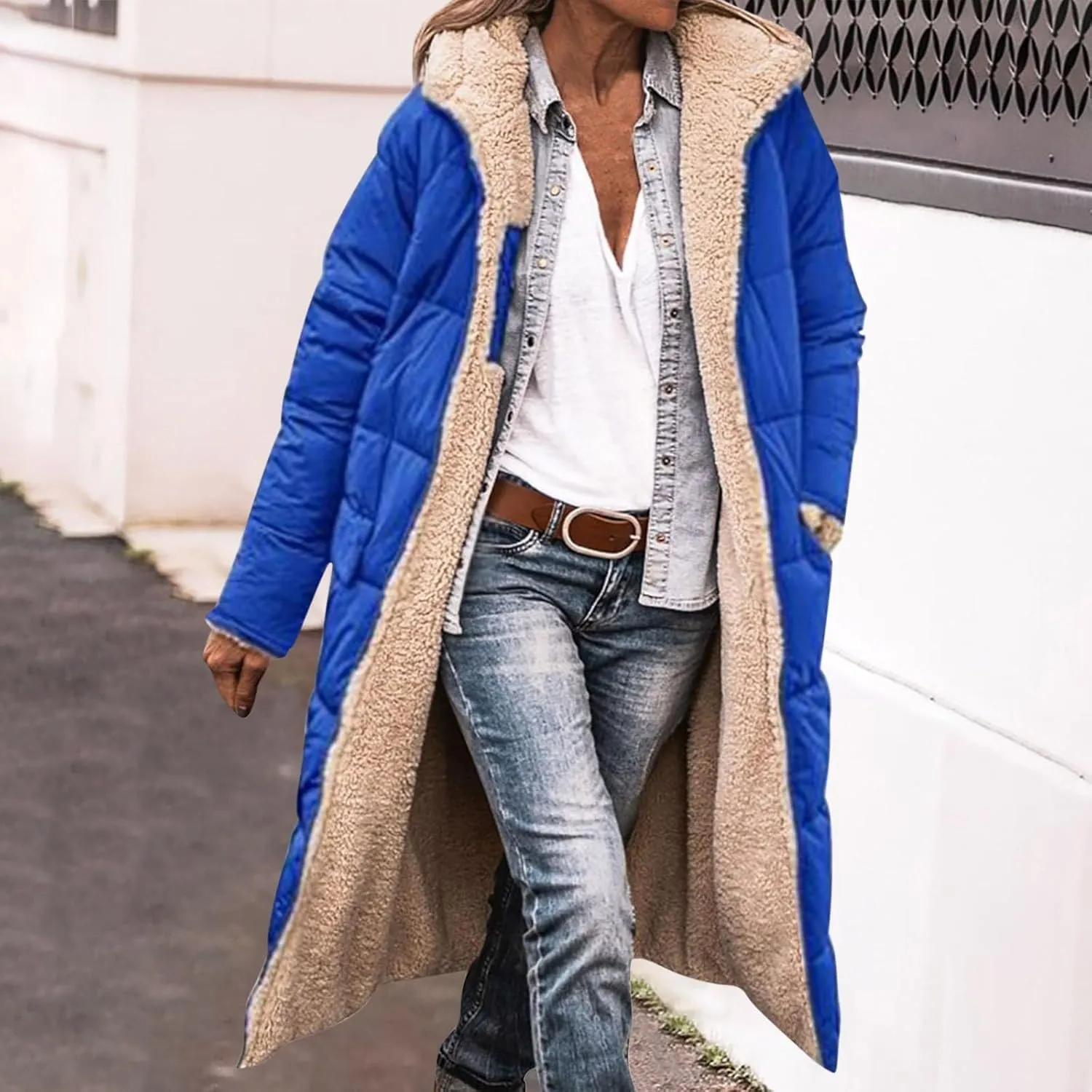 Womens Winter Coats Long Sherpa Fleece Lined Reversible Jacket Warm Faux Fur Coat Zip Up Quilted Outerwear with Hood