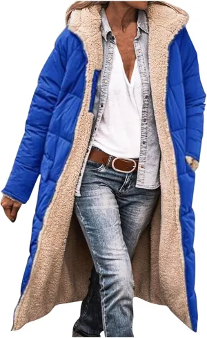 Womens Winter Coats Long Sherpa Fleece Lined Reversible Jacket Warm Faux Fur Coat Zip Up Quilted Outerwear with Hood