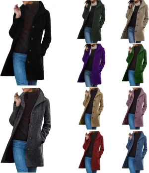 Women's Winter Double Breasted Wool Coat Long Sleeve Notch Lapel Long Trench Coat Retro Casual Jacket Outwear