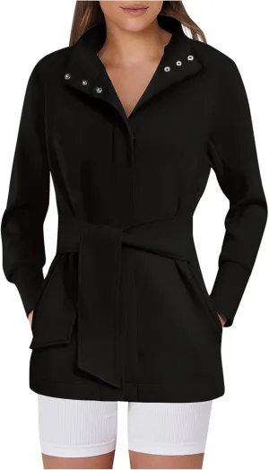 Womens Winter Trench Coat Open Front Wool Blend Pea Coats Casual Notched Lapel Classic Fitted Mid Long Jacket Outwear