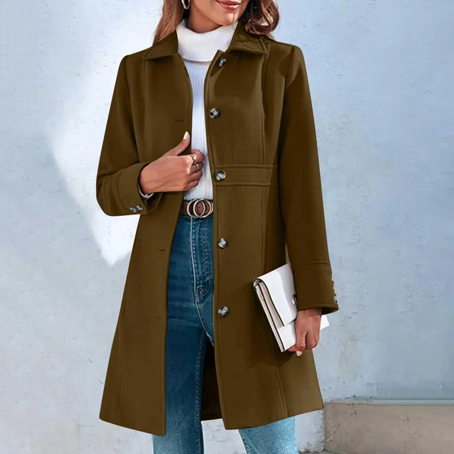 Womens Winter Wool Coats Elegant Single Breasted Long Trench Coat Midi Length Peacoat Bussiness Jacket With Pockets