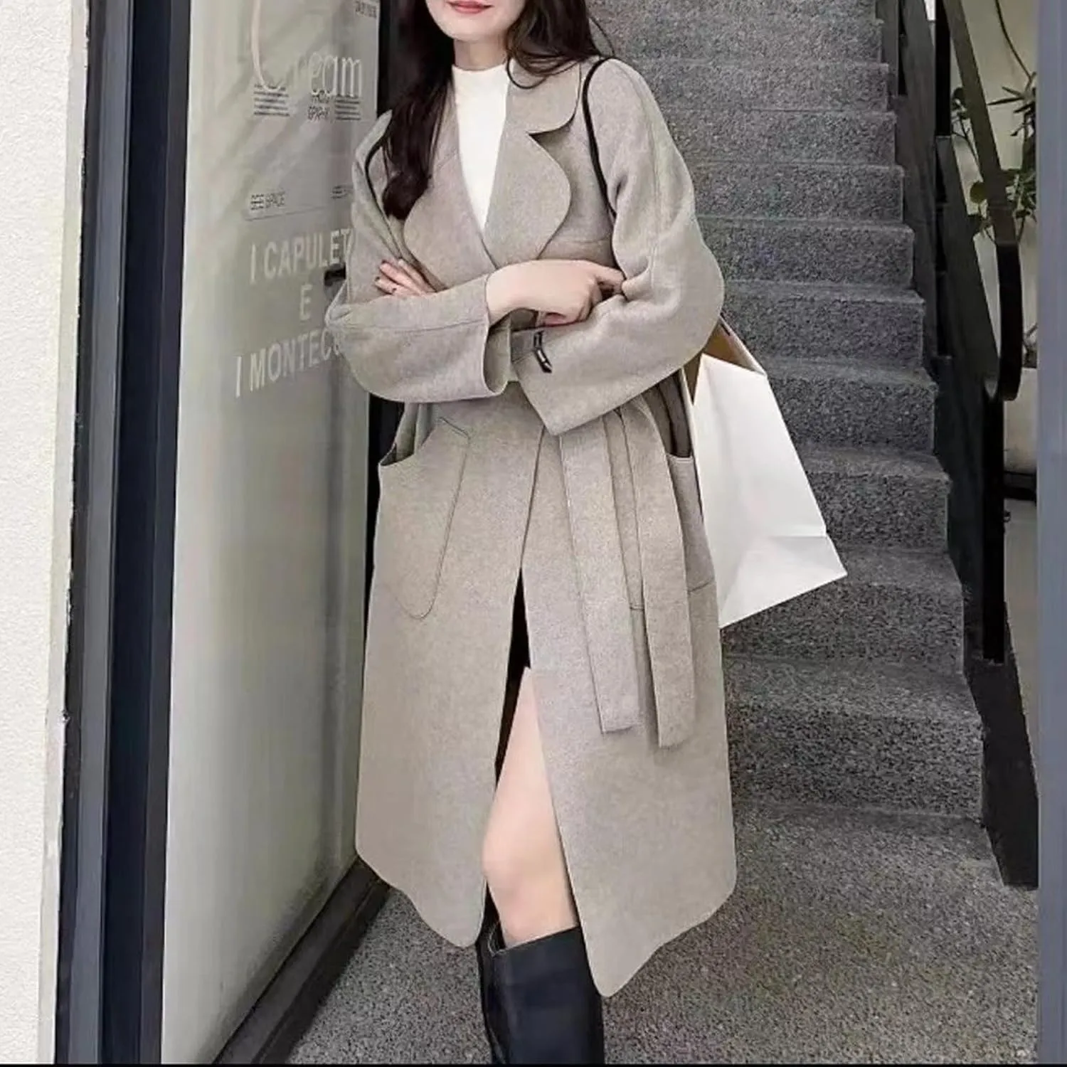 Womens Winter Wool Coats Elegant Single Breasted Long Trench Coat Midi Length Peacoat Bussiness Jacket With Pockets