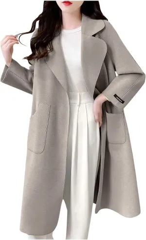 Womens Winter Wool Coats Elegant Single Breasted Long Trench Coat Midi Length Peacoat Bussiness Jacket With Pockets