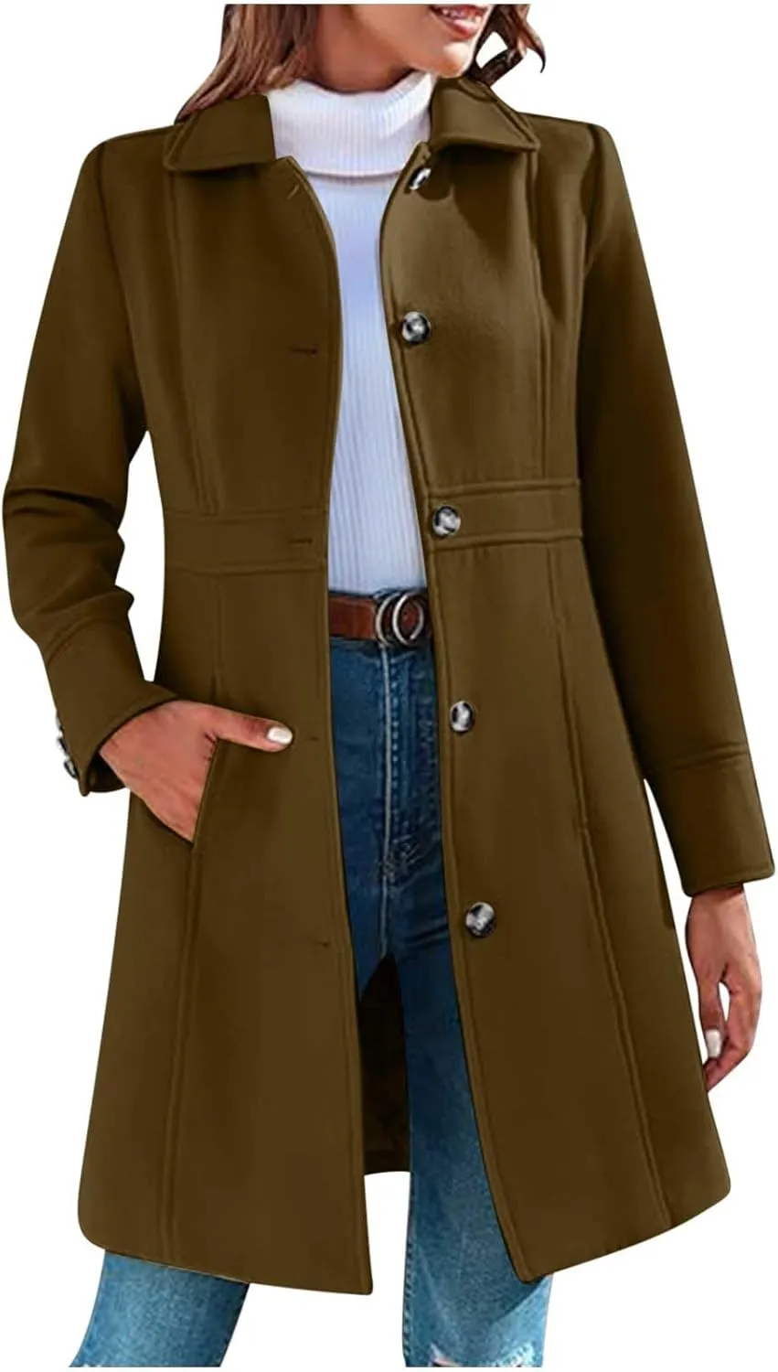 Womens Winter Wool Coats Elegant Single Breasted Long Trench Coat Midi Length Peacoat Bussiness Jacket With Pockets