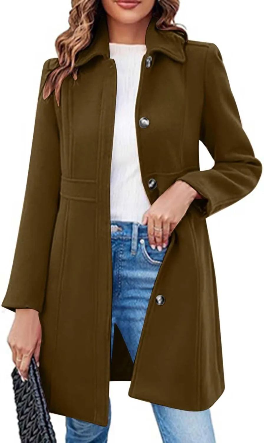Womens Winter Wool Coats Elegant Single Breasted Long Trench Coat Midi Length Peacoat Bussiness Jacket With Pockets