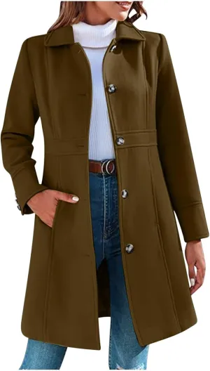 Womens Winter Wool Coats Elegant Single Breasted Long Trench Coat Midi Length Peacoat Bussiness Jacket With Pockets