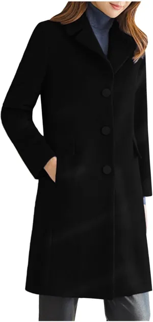 Womens Winter Wool Coats Mid Long Oversized Over Coats Notched Lapel Collar Singe Breasted Trench Coat Jackets