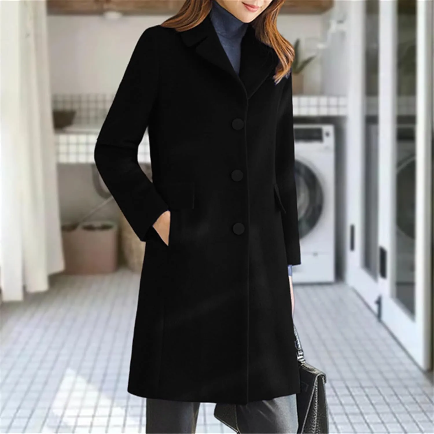 Womens Winter Wool Coats Mid Long Oversized Over Coats Notched Lapel Collar Singe Breasted Trench Coat Jackets