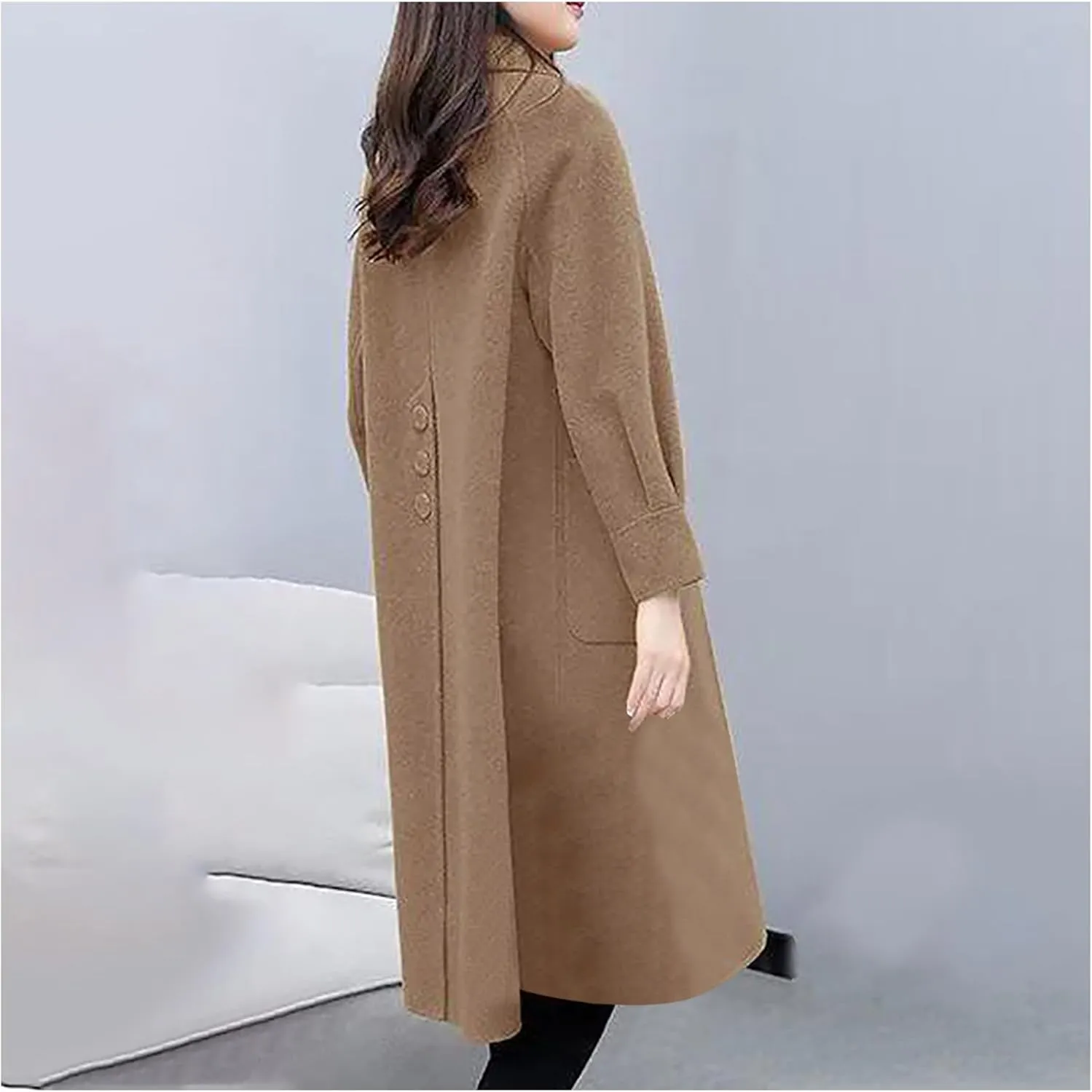 Womens Wool Blend Trench Coat 2024 Winter Elegant Single Breasted Peacoats Maxi Length Elegant Overcoat With Pockets
