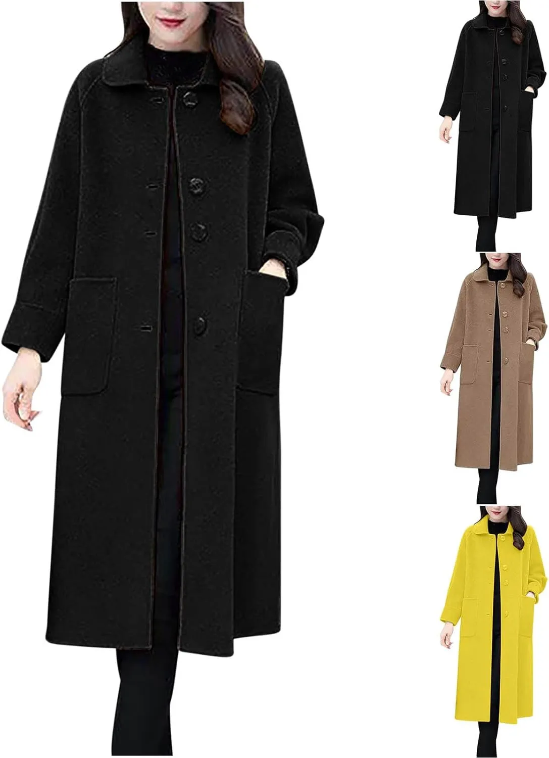 Womens Wool Blend Trench Coat 2024 Winter Elegant Single Breasted Peacoats Maxi Length Elegant Overcoat With Pockets