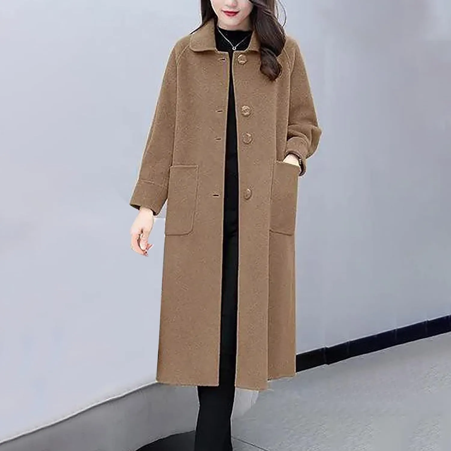 Womens Wool Blend Trench Coat 2024 Winter Elegant Single Breasted Peacoats Maxi Length Elegant Overcoat With Pockets
