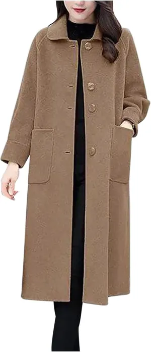 Womens Wool Blend Trench Coat 2024 Winter Elegant Single Breasted Peacoats Maxi Length Elegant Overcoat With Pockets