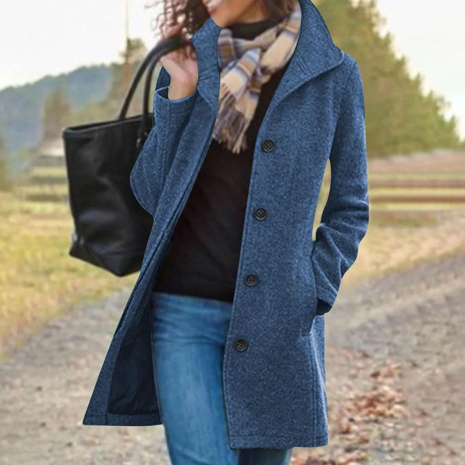 Women's Wool Blend Trench Coat Casual Single Breasted Pea Coat Thicken Stand Collar Mid Long Overcoat with Pocket