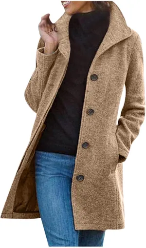 Women's Wool Blend Trench Coat Casual Single Breasted Pea Coat Thicken Stand Collar Mid Long Overcoat with Pocket