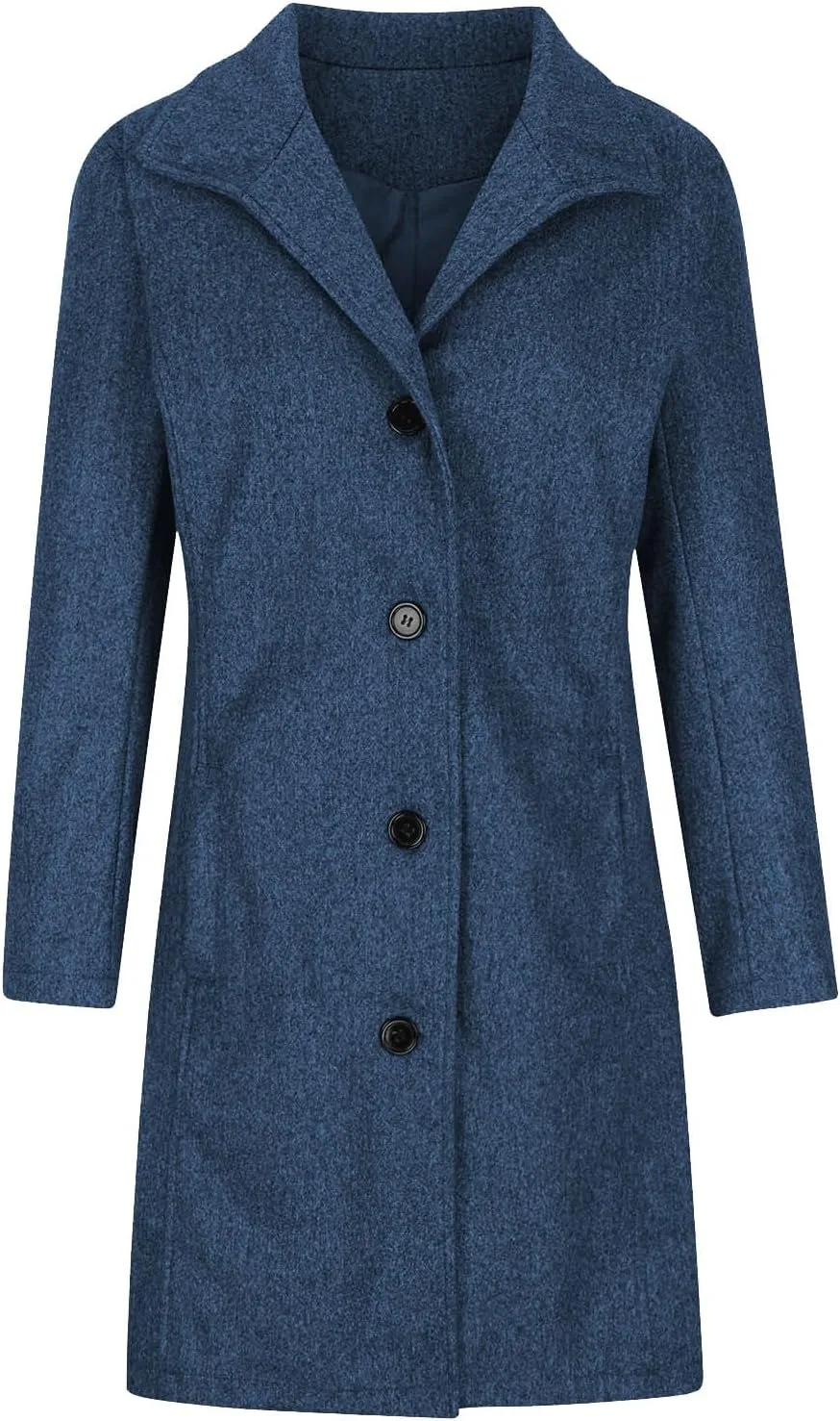 Women's Wool Blend Trench Coat Casual Single Breasted Pea Coat Thicken Stand Collar Mid Long Overcoat with Pocket