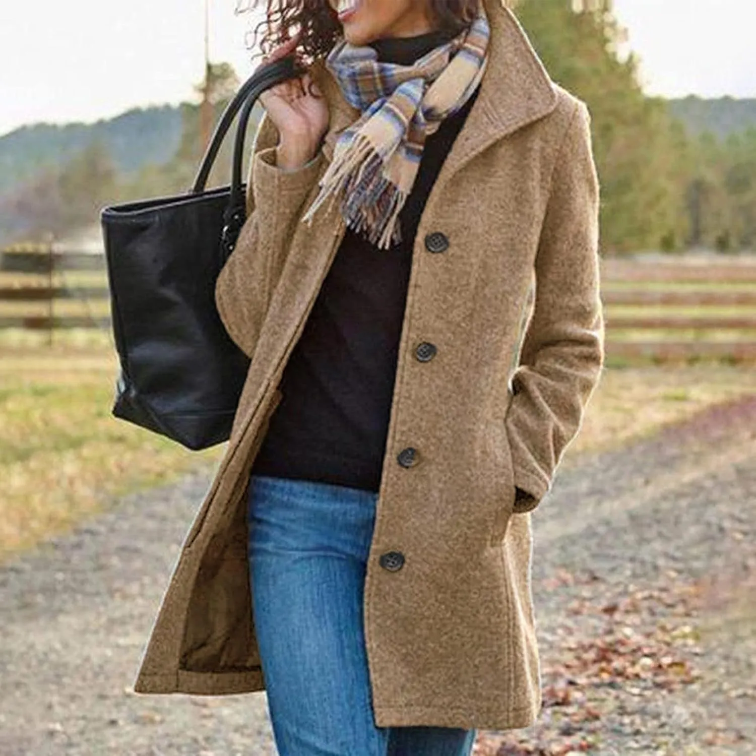 Women's Wool Blend Trench Coat Casual Single Breasted Pea Coat Thicken Stand Collar Mid Long Overcoat with Pocket