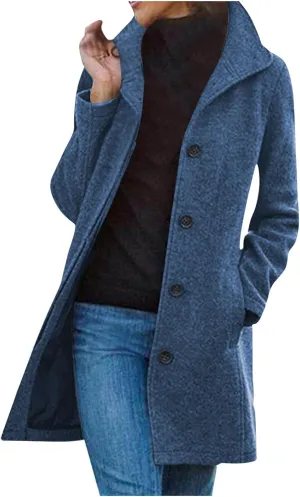Women's Wool Blend Trench Coat Casual Single Breasted Pea Coat Thicken Stand Collar Mid Long Overcoat with Pocket