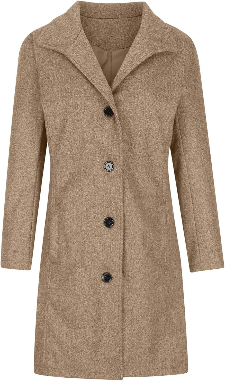 Women's Wool Blend Trench Coat Casual Single Breasted Pea Coat Thicken Stand Collar Mid Long Overcoat with Pocket