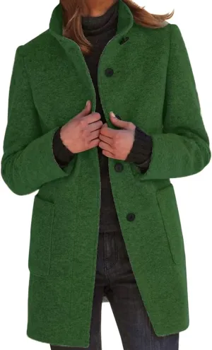Womens Wool Blend Trench Coat Lightweight Button Down Open Front Pea Coat Cozy Warm Stand Collar Outerwear with Pocket