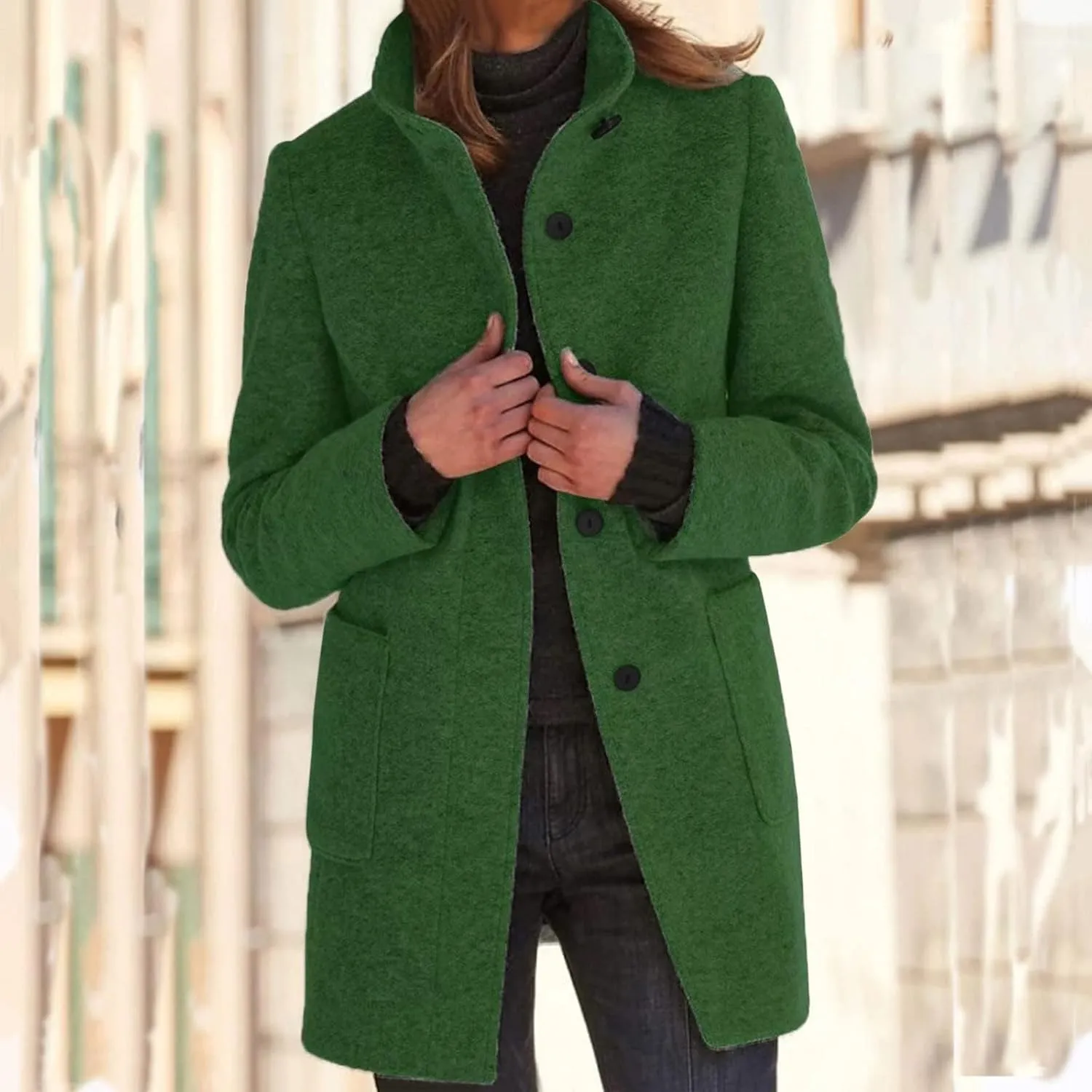 Womens Wool Blend Trench Coat Lightweight Button Down Open Front Pea Coat Cozy Warm Stand Collar Outerwear with Pocket