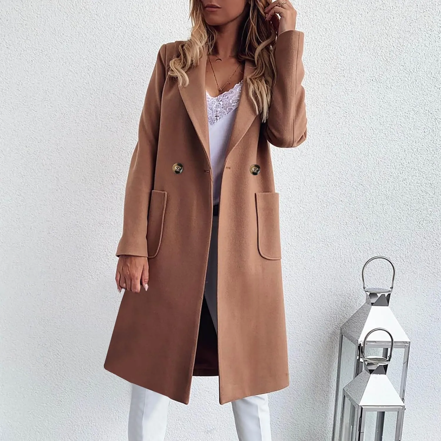 Women's Wool Blend Trench Coat Winter Jackets Mid Long Pea Coats Dressy Casual Double Breasted Overcoat with Pockets