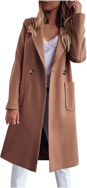 Women's Wool Blend Trench Coat Winter Jackets Mid Long Pea Coats Dressy Casual Double Breasted Overcoat with Pockets