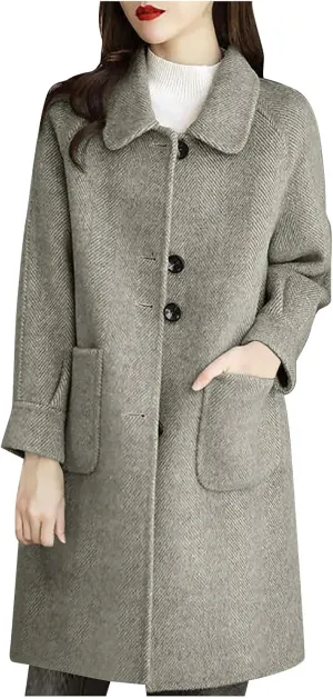 Women's Wool Coat Mid Length Dressy Single Breasted Pocket Trench Coat Fall Winter Solid Color Pea Coat Overcoat