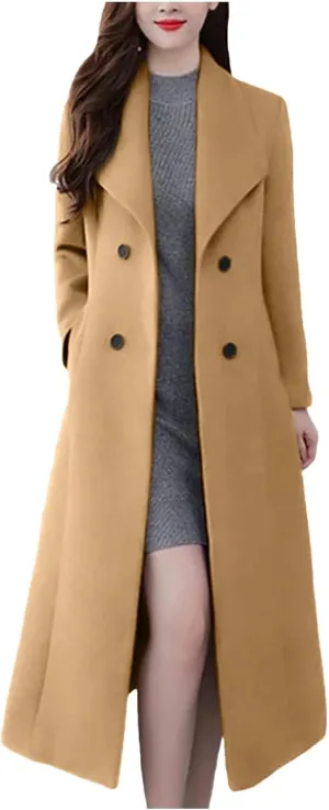 Womens Wool Trench Coat Casual Fall Winter Warm Jacket Notch Lapel Single-Breasted Long Peacoat Overcoats