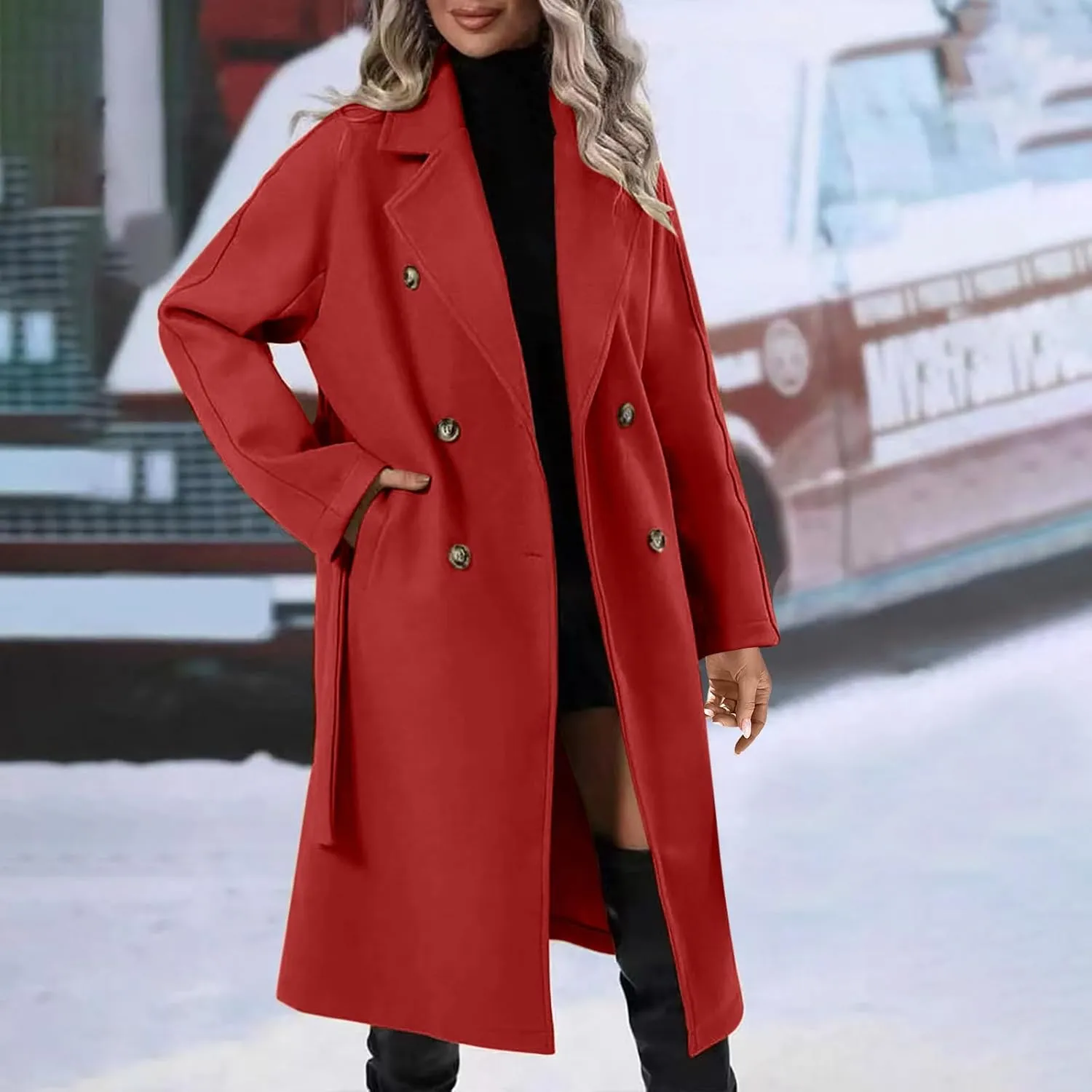 Womens Wool Trench Coat Notched Collar Double-Breast Oversized Pea Coats Thicken Warm Winter Overcoats Jackets