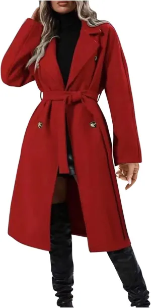 Womens Wool Trench Coat Notched Collar Double-Breast Oversized Pea Coats Thicken Warm Winter Overcoats Jackets