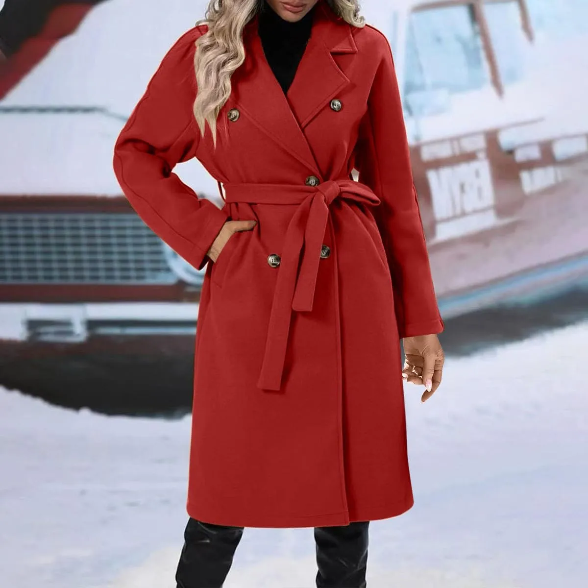Womens Wool Trench Coat Notched Collar Double-Breast Oversized Pea Coats Thicken Warm Winter Overcoats Jackets