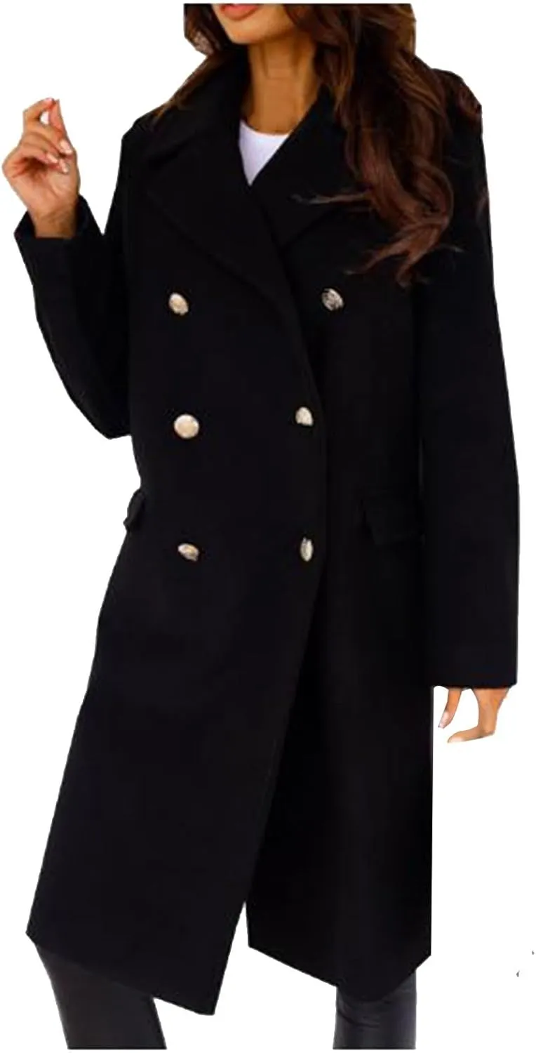 Wool Blend Trench Coat for Women Mid Long Length Office Overcoat Elegant Lapel Collar Belted Pea Coats With Pockets
