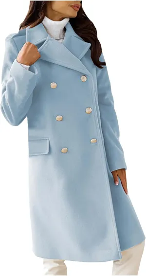 Wool Blend Trench Coat for Women Mid Long Length Office Overcoat Elegant Lapel Collar Belted Pea Coats With Pockets