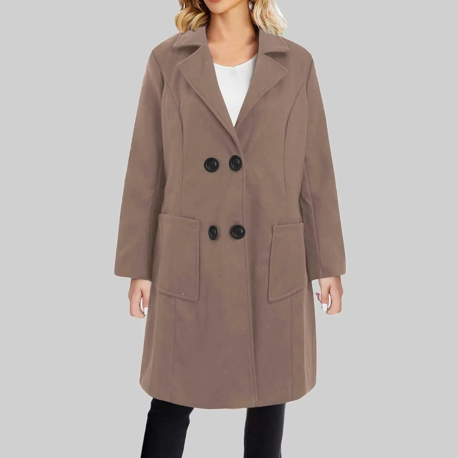 Wool Coats for Women Winter Oversize Lapel Collar Peacoats Double Breasted Long Sleeve Warm Trench Coat With Pockets