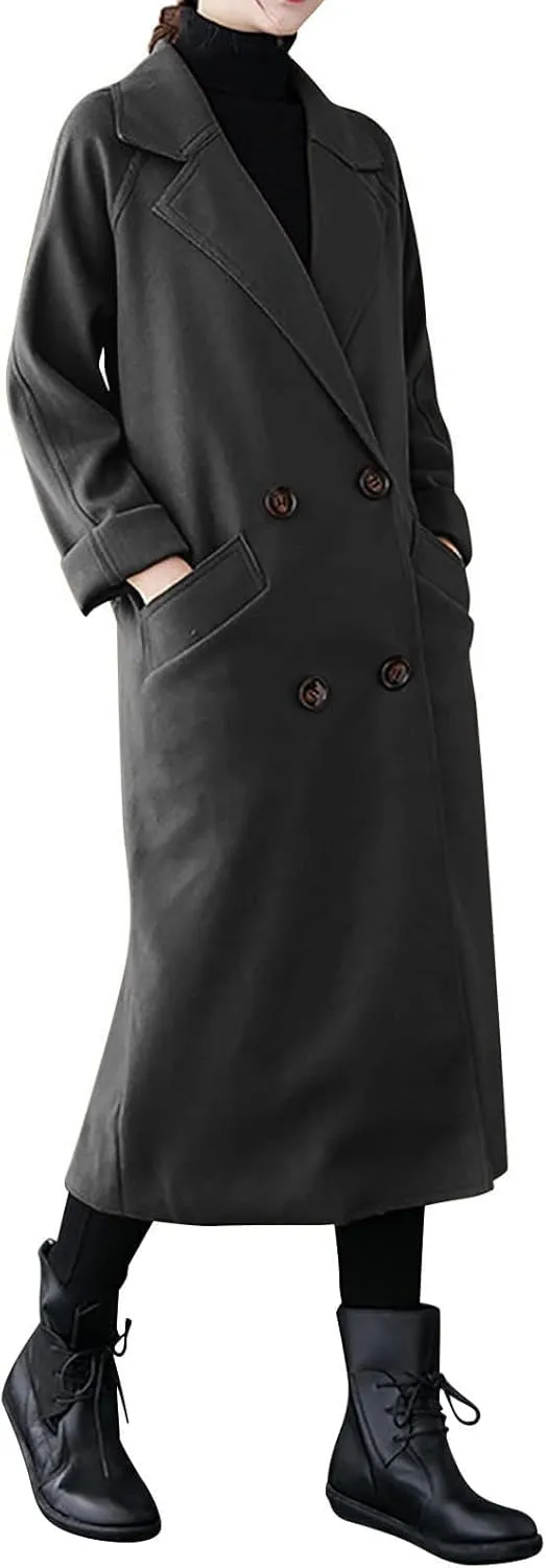 Wool Trench Coat for Women Double-Breasted Casual Work Office Jackets Winter Warm Mid-Long Overcoat With Belt