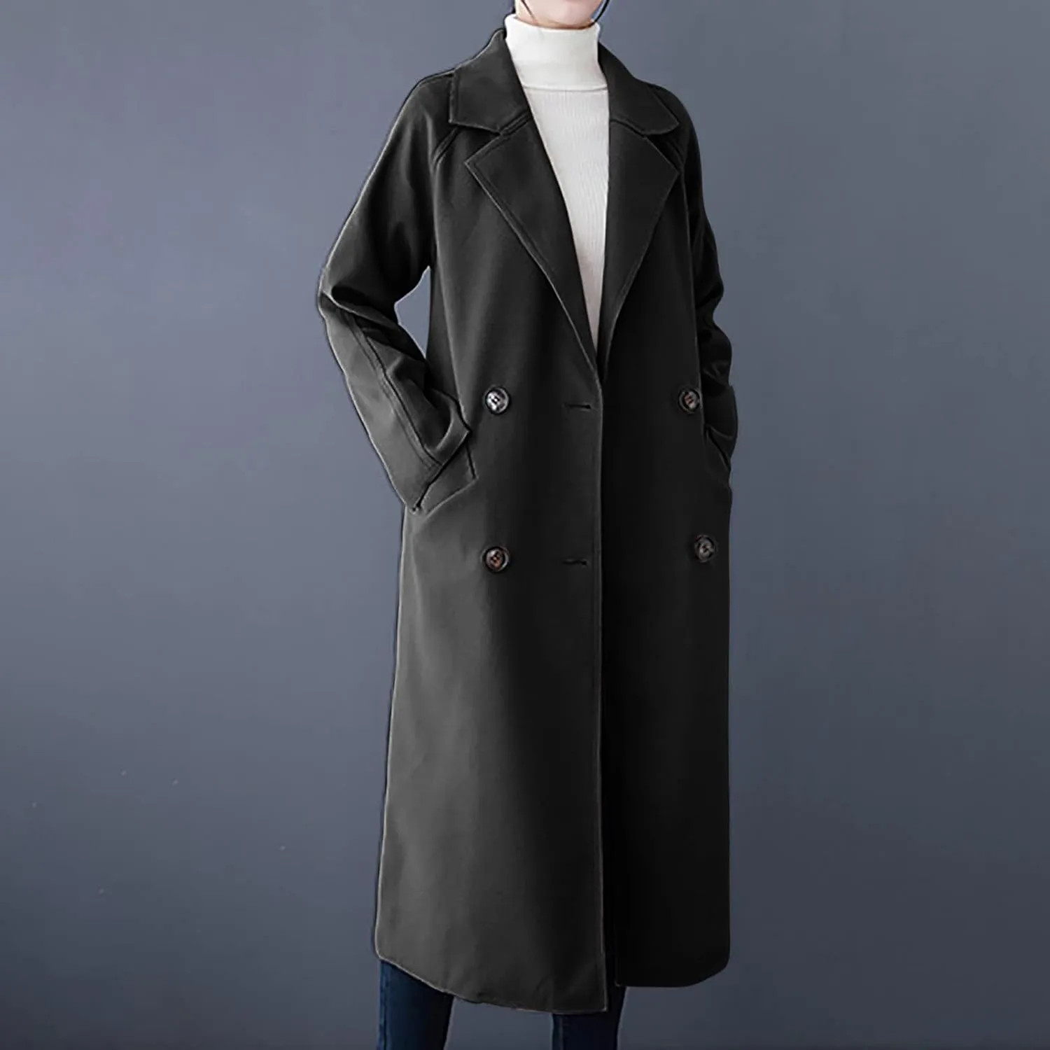 Wool Trench Coat for Women Double-Breasted Casual Work Office Jackets Winter Warm Mid-Long Overcoat With Belt