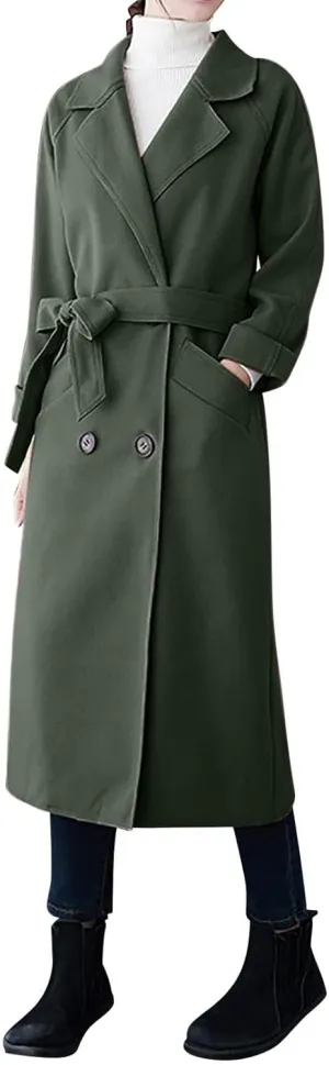 Wool Trench Coat for Women Double-Breasted Casual Work Office Jackets Winter Warm Mid-Long Overcoat With Belt