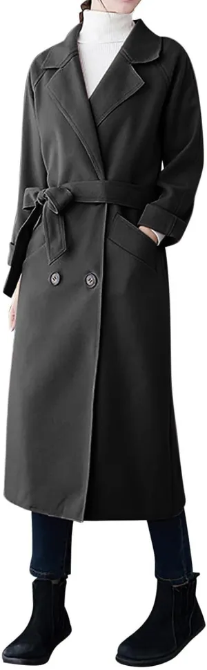 Wool Trench Coat for Women Double-Breasted Casual Work Office Jackets Winter Warm Mid-Long Overcoat With Belt