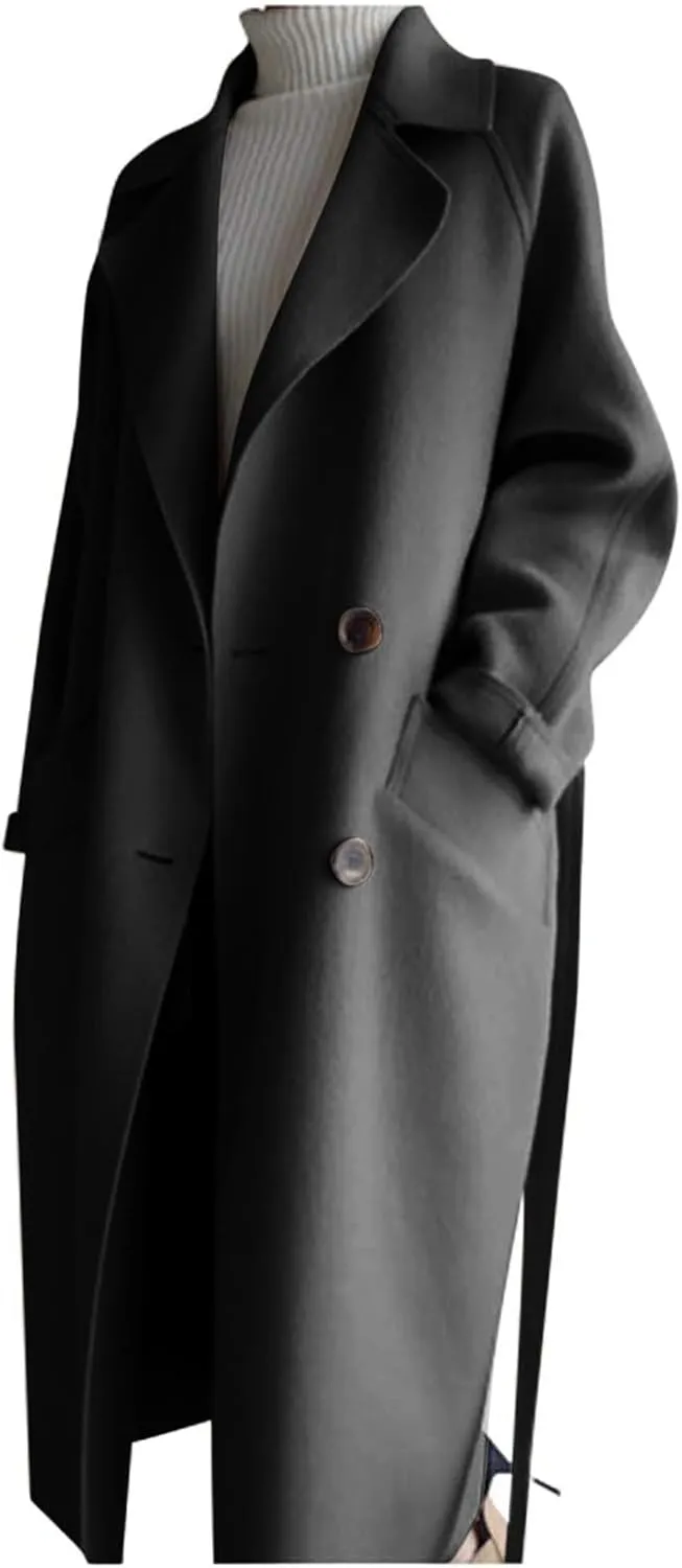 Wool Trench Coat for Women Double-Breasted Casual Work Office Jackets Winter Warm Mid-Long Overcoat With Belt
