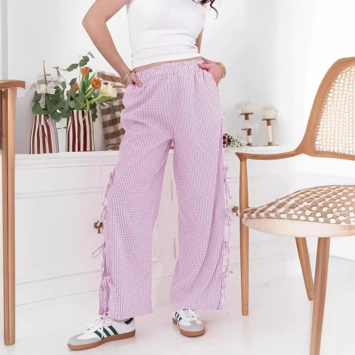 Y2K Gingham Pants for Women Plaid Checkered Elastic Waist Bow Tie Side Slit Wide Leg Pants with Pockets