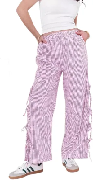 Y2K Gingham Pants for Women Plaid Checkered Elastic Waist Bow Tie Side Slit Wide Leg Pants with Pockets