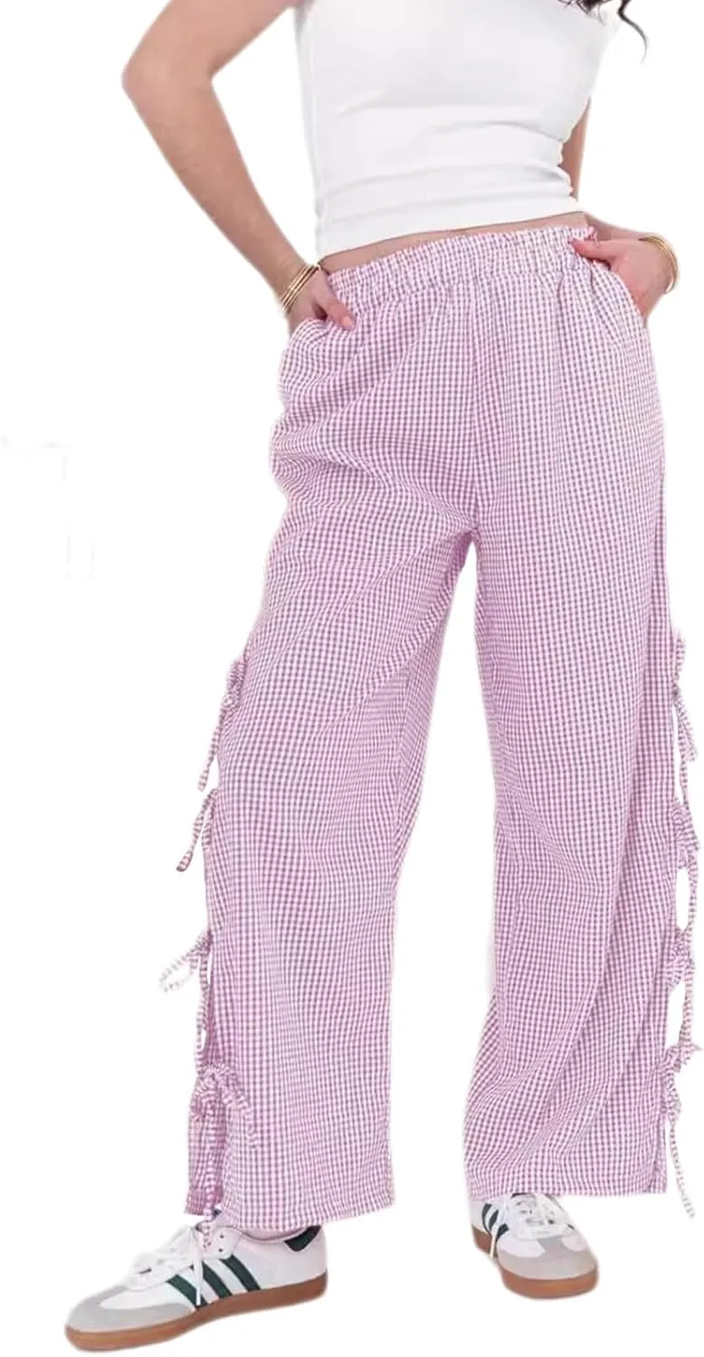 Y2K Gingham Pants for Women Plaid Checkered Elastic Waist Bow Tie Side Slit Wide Leg Pants with Pockets