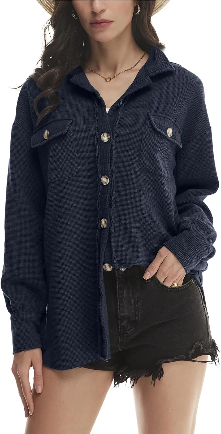 Yanekop Waffle Knit Button Down Shirt Womens Shacket Oversized Long Sleeve Shirt Jacket Trendy Outfits 2025