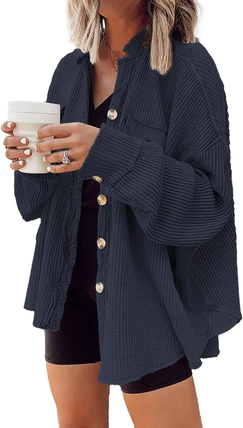 Yanekop Waffle Knit Button Down Shirt Womens Shacket Oversized Long Sleeve Shirt Jacket Trendy Outfits 2025