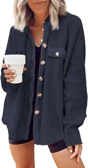 Yanekop Waffle Knit Button Down Shirt Womens Shacket Oversized Long Sleeve Shirt Jacket Trendy Outfits 2025