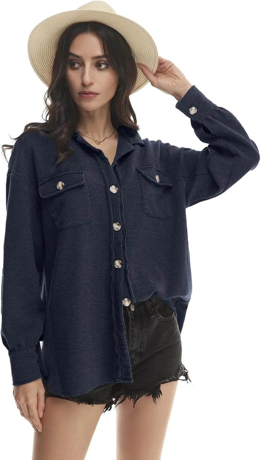 Yanekop Waffle Knit Button Down Shirt Womens Shacket Oversized Long Sleeve Shirt Jacket Trendy Outfits 2025