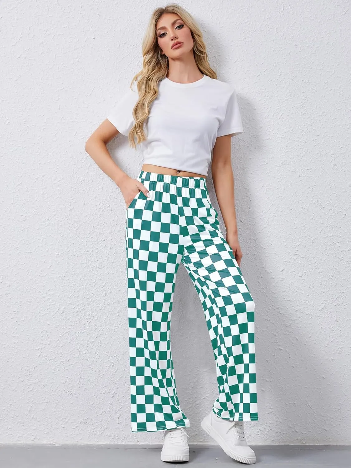 YKR Checkered Pants Women Casual Loose Wide Leg Straight Lounge Comfy Y2K Gingham Pants with Pockets